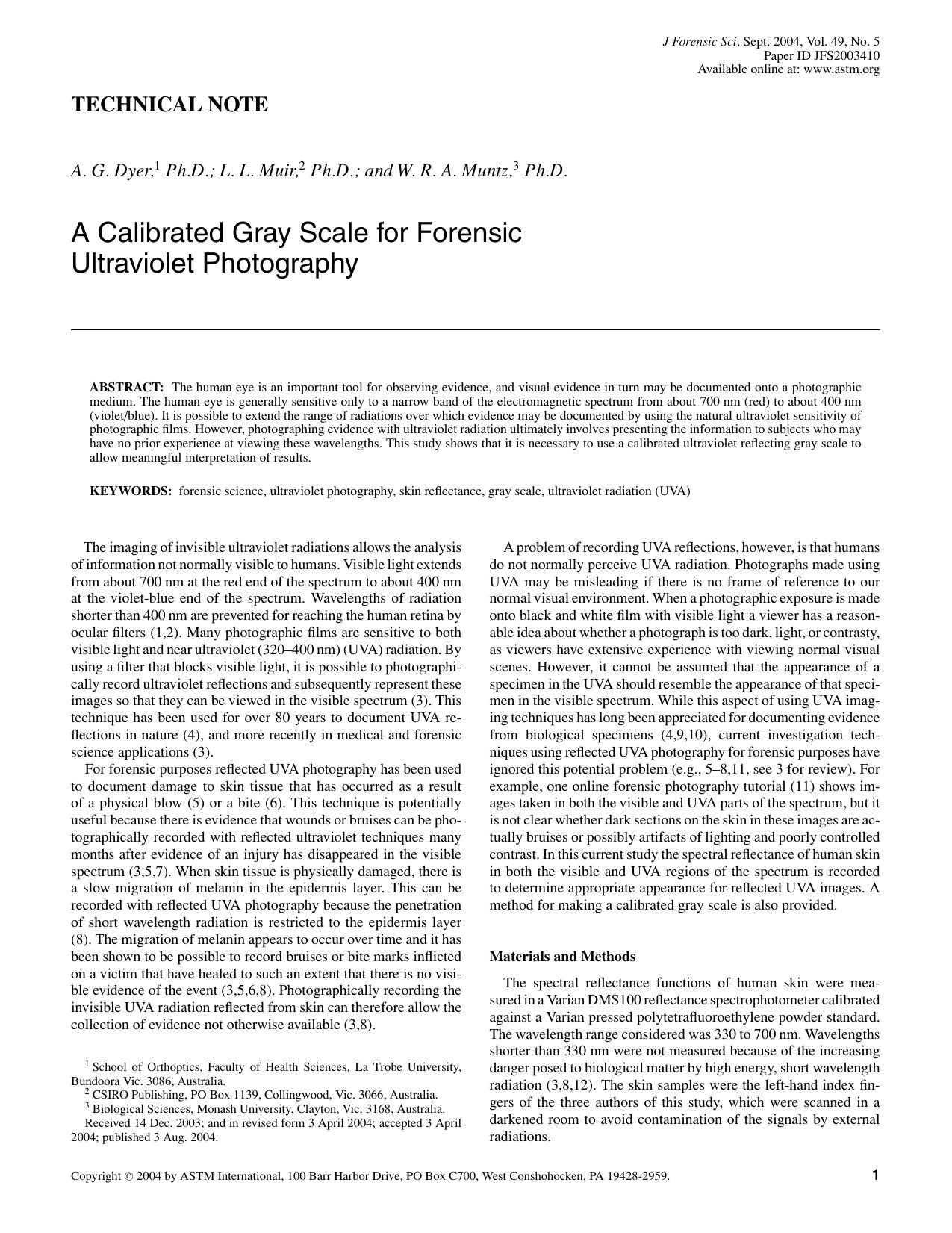 A calibrated gray scale for forensic ultraviolet photography by Dyer AG Muir LL Muntz WR
