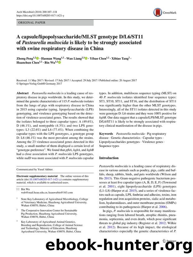 A capsulelipopolysaccharideMLST genotype DL6ST11 of Pasteurella multocida is likely to be strongly associated with swine respiratory disease in China by Zhong Peng & Haonan Wang & Wan Liang & Yibao Chen & Xibiao Tang & Huanchun Chen & Bin Wu