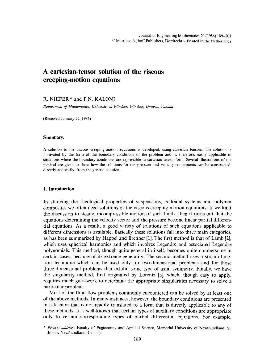 A cartesian-tensor solution of the viscous creeping-motion equations by Unknown