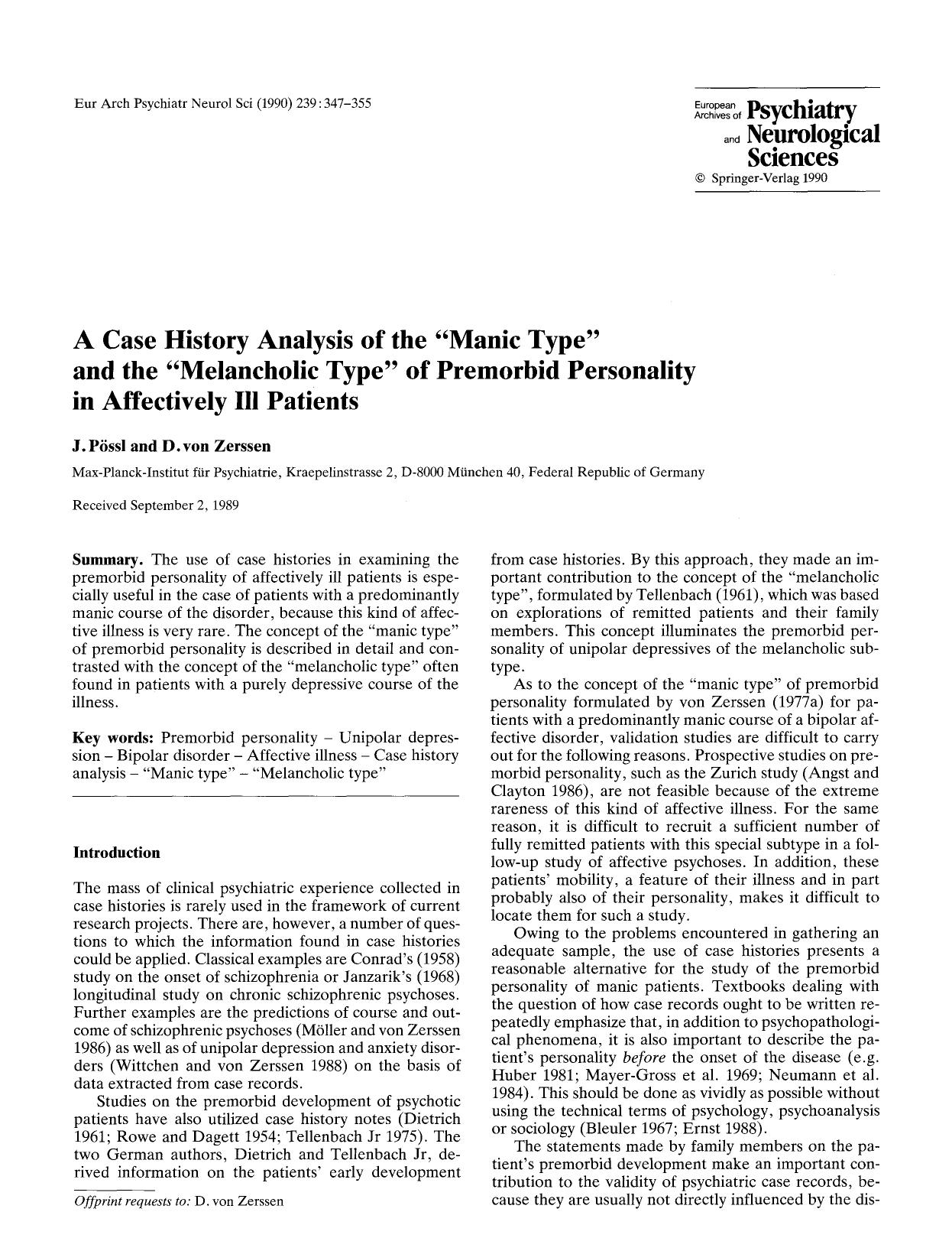 A case history analysis of the “manic type” and the “melancholic type” of premorbid personality in affectively ill patients by Unknown