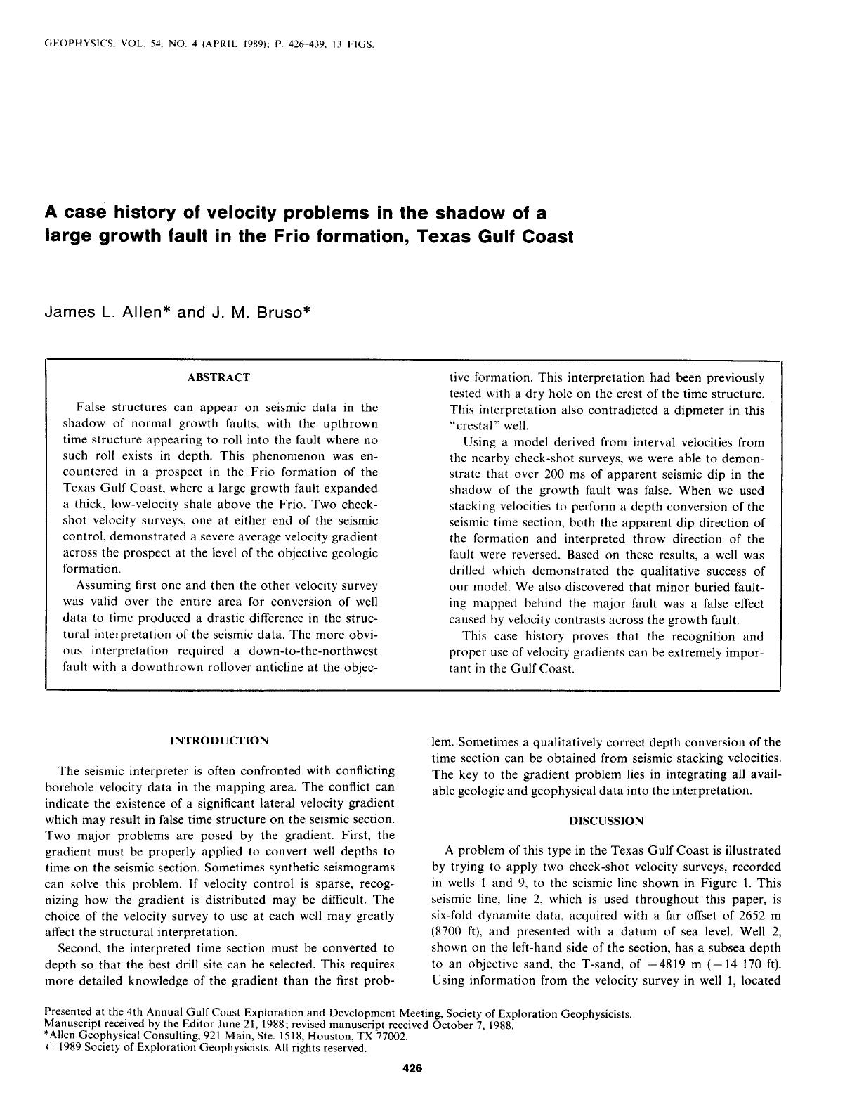 A case history of velocity problems in the shadow of a large growth fault in the Frio formation, Texas Gulf Coast by Allen J. L.; Bruso J. M