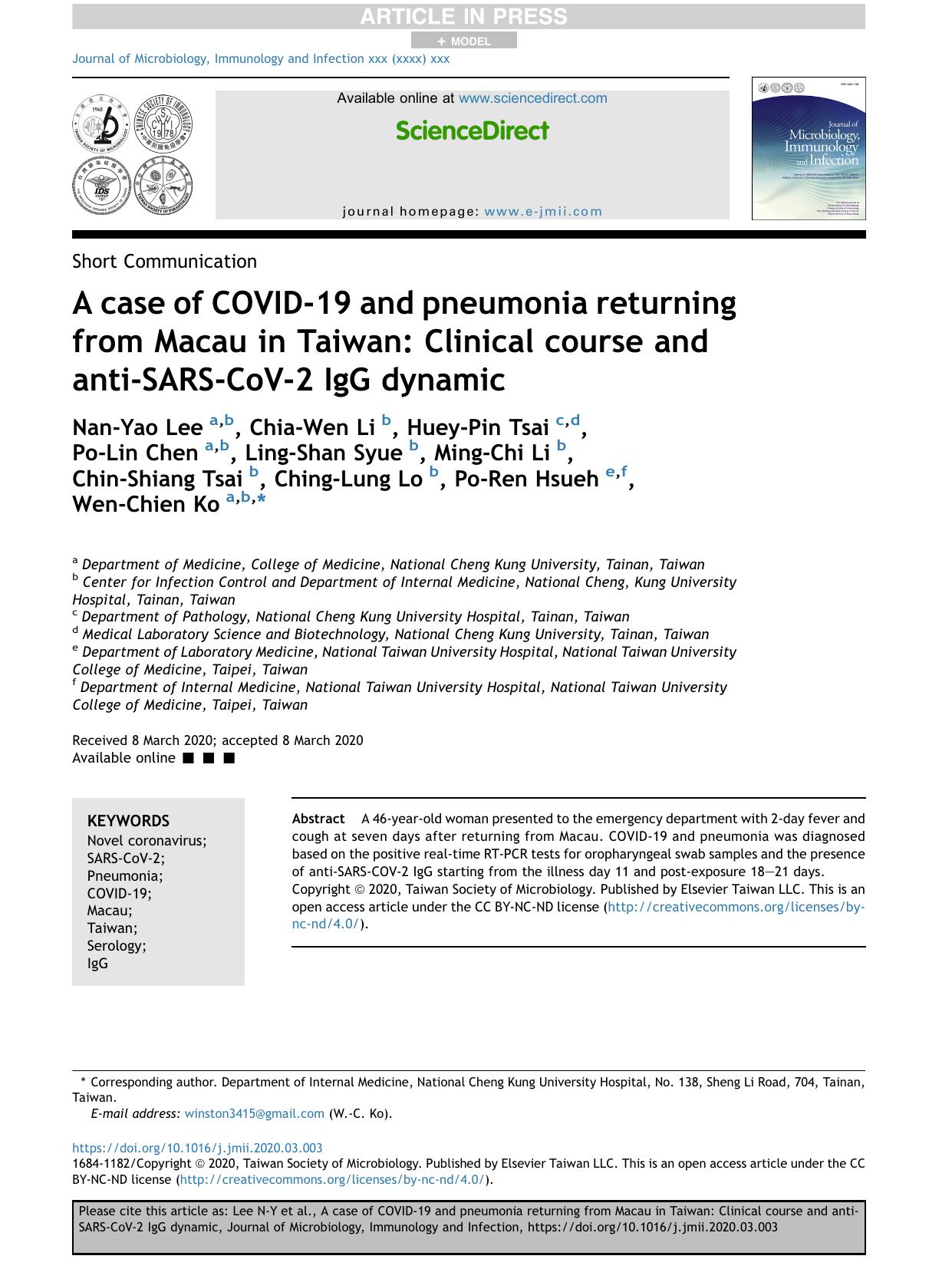 A case of COVID-19 and pneumonia returning from Macau in Taiwan: Clinical course and anti-SARS-CoV-2 IgG dynamic by Nan-Yao Lee