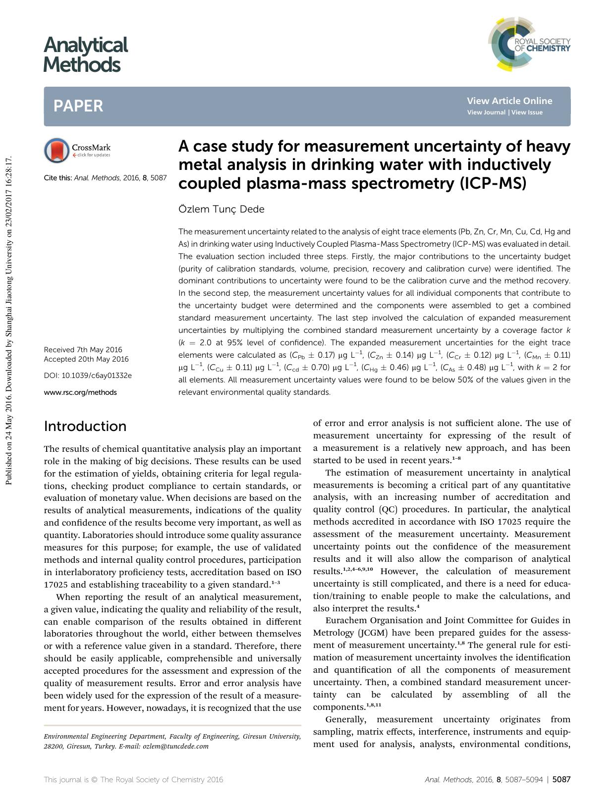 A case study for measurement uncertainty of heavy metal analysis in drinking water with inductively coupled plasma-mass spectrometry (ICP-MS) by Özlem Tunç Dede