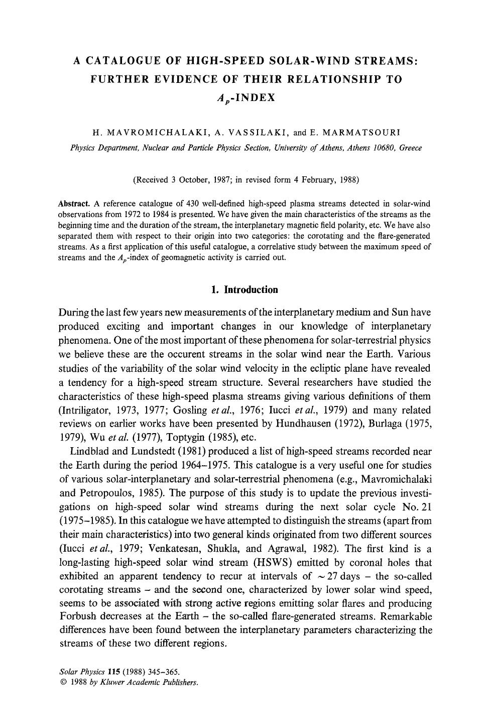 A catalogue of high-speed solar-wind streams: Further evidence of their relationship to A <Subscript>p <Subscript>-index by Unknown