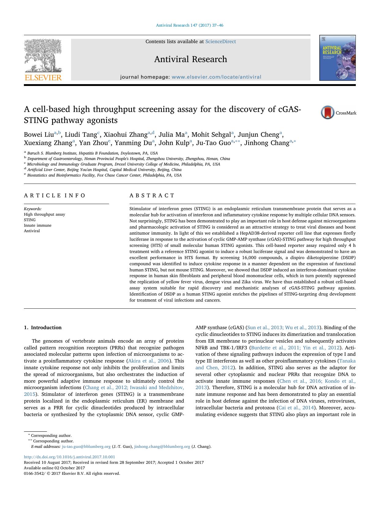 A cell-based high throughput screening assay for the discovery of cGAS-STING pathway agonists by unknow