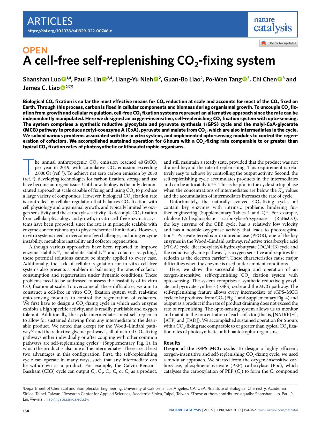 A cell-free self-replenishing CO2-fixing system by Shanshan Luo & Paul P. Lin & Liang-Yu Nieh & Guan-Bo Liao & Po-Wen Tang & Chi Chen & James C. Liao