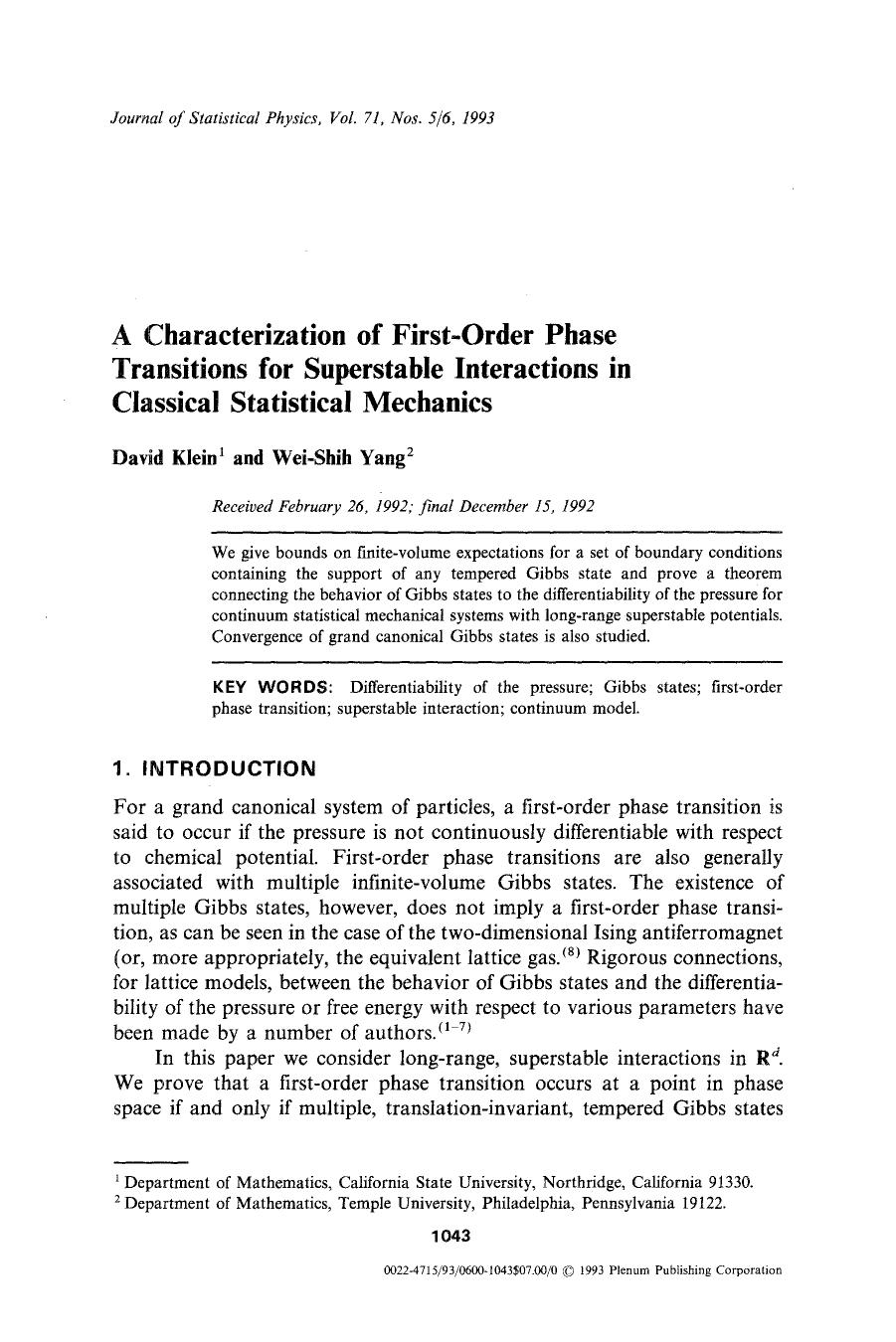 A characterization of first-order phase transitions for superstable interactions in classical statistical mechanics by Unknown