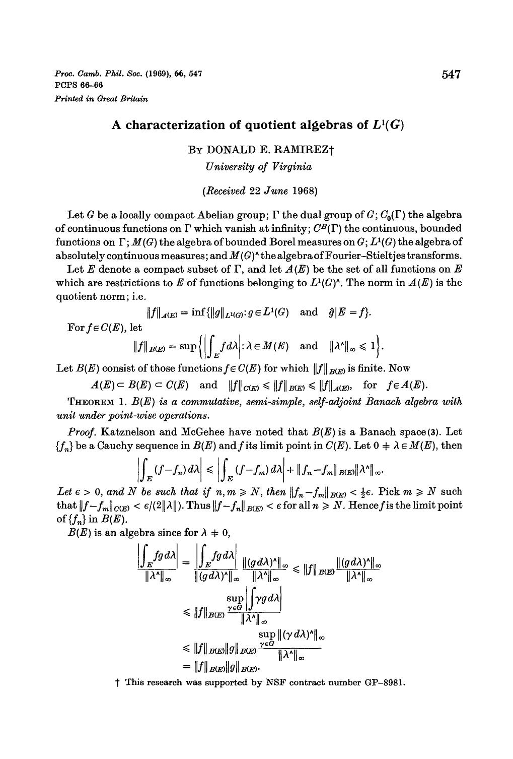 A characterization of quotient algebras of Ll(G) by Donald E. Ramirez
