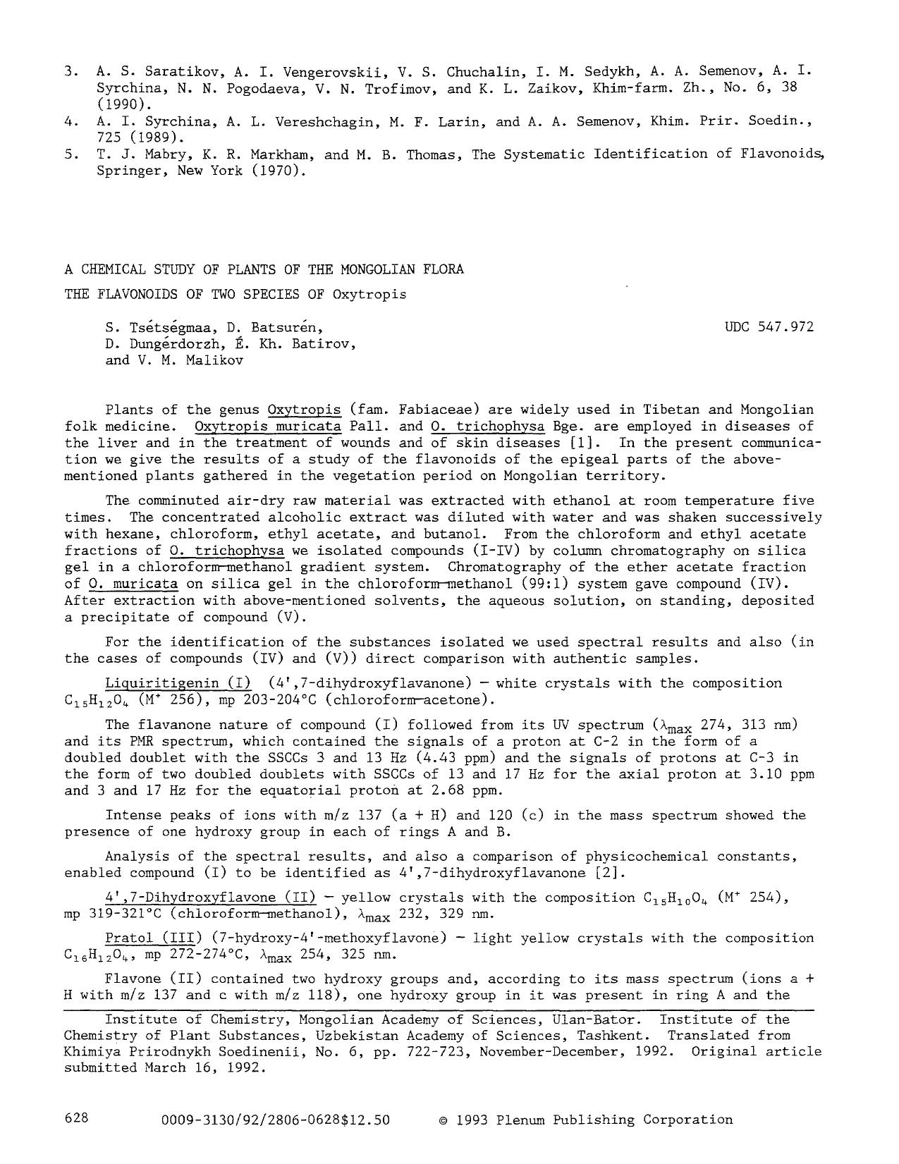 A chemical study of plants of the Mongolian flora the flavonoids of two species of Oxytropis by Unknown