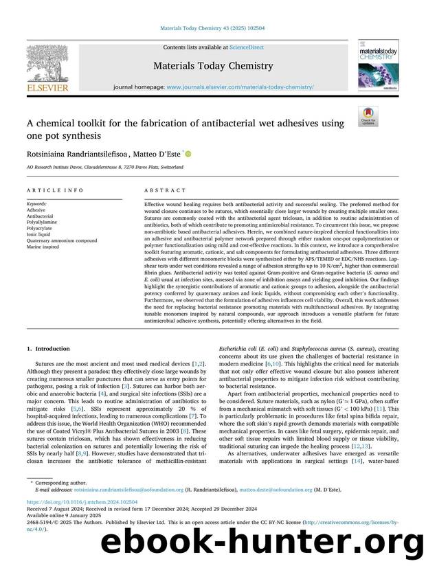 A chemical toolkit for the fabrication of antibacterial wet adhesives using one pot synthesis by Rotsiniaina Randriantsilefisoa