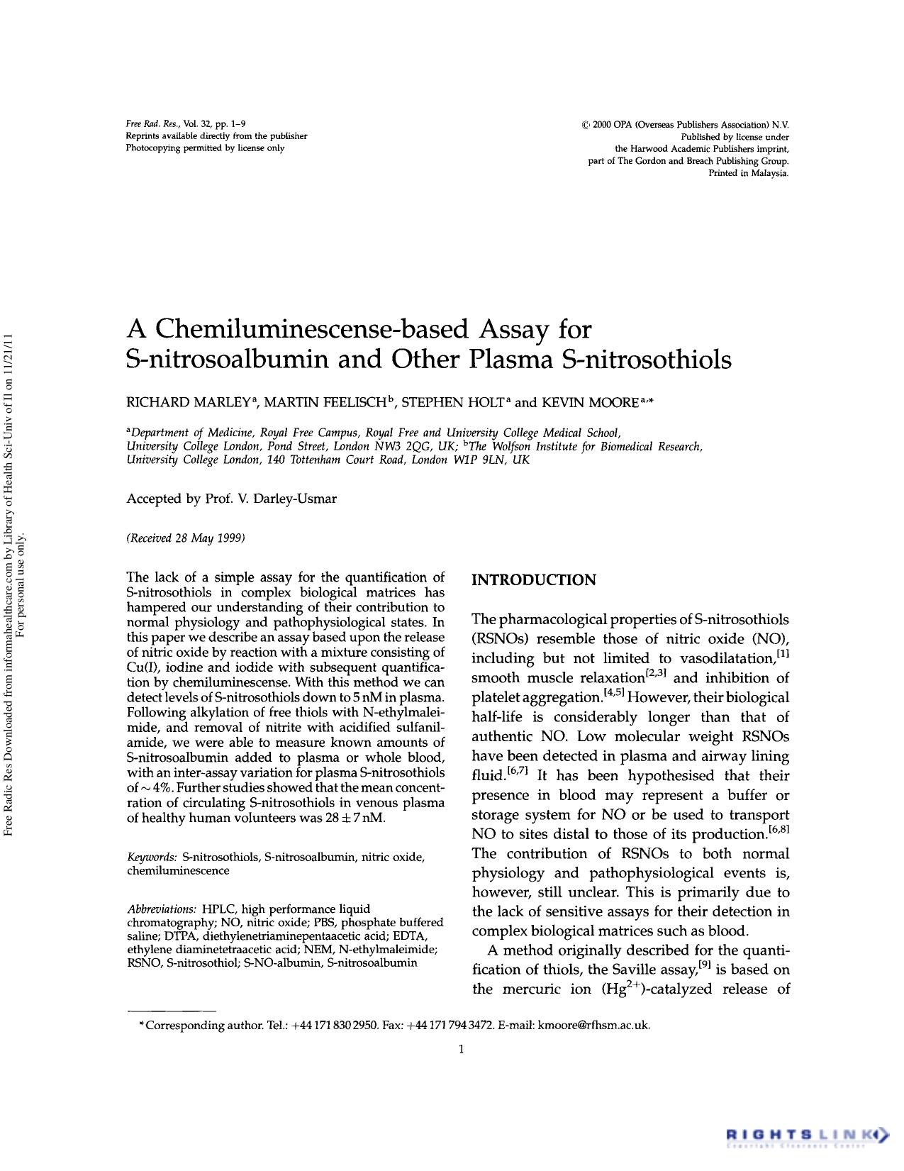 A chemiluminescense-based assay for S-nitrosoalbumin and other plasma S-nitrosothiols by Richard Marley Martin Feelisch Stephen Holt & Kevin Moore