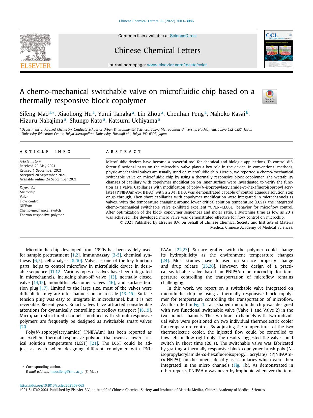 A chemo-mechanical switchable valve on microfluidic chip based on a thermally responsive block copolymer by unknow