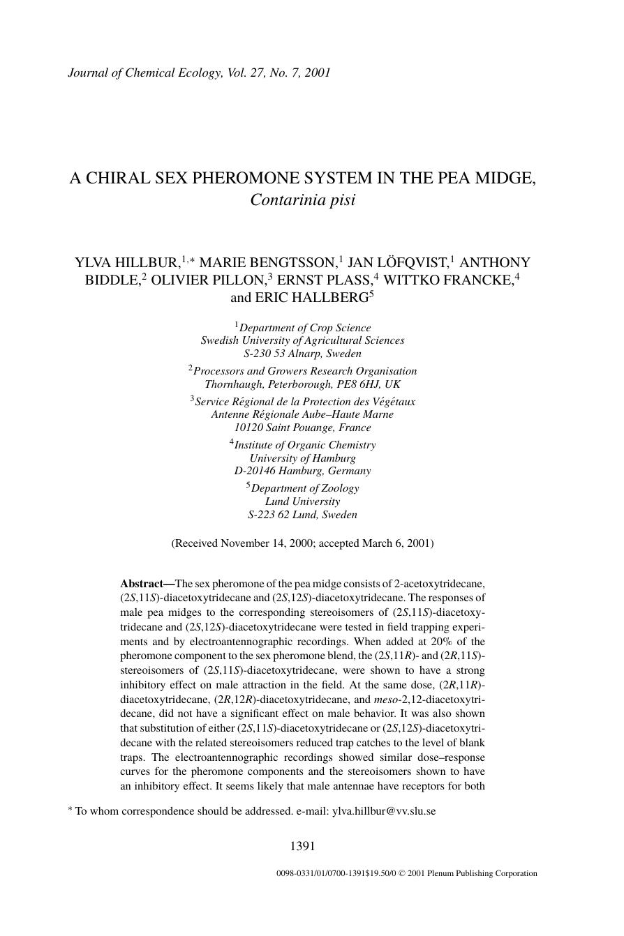 A chiral Sex Pheromone System in the Pea Midge, Contarinia pisi by Unknown