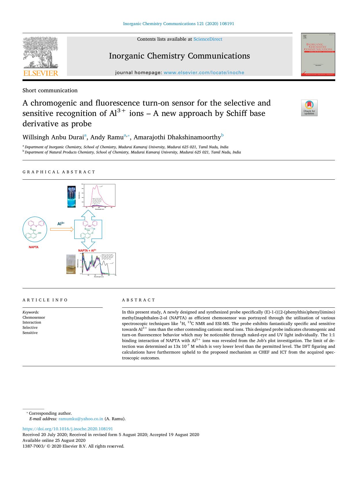 A chromogenic and fluorescence turn-on sensor for the selective and sensitive recognition of Al3+ ions â A new approach by Schiff base derivative as probe by Willsingh Anbu Durai & Andy Ramu & Amarajothi Dhakshinamoorthy