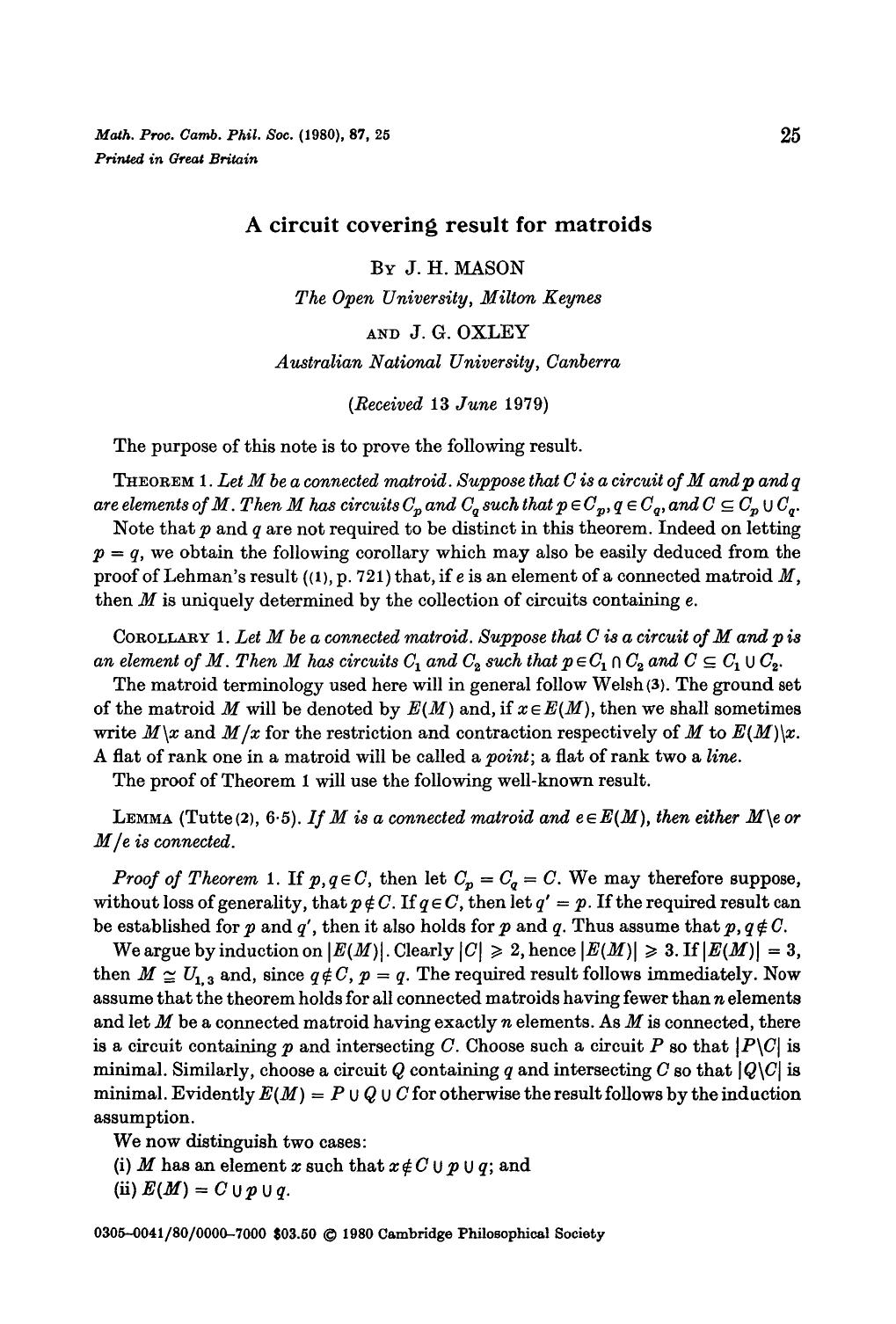 A circuit covering result for matroids by J. H. Mason & J. G. Oxley