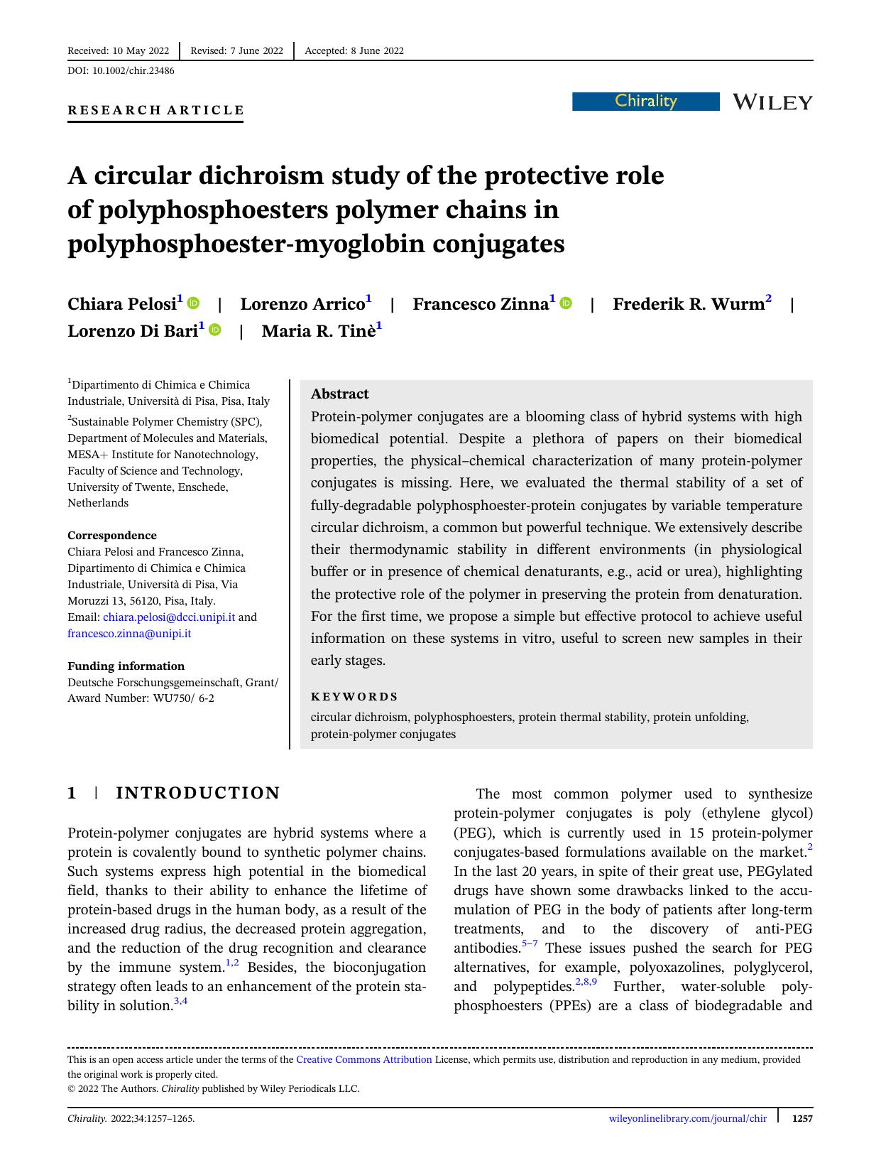 A circular dichroism study of the protective role of polyphosphoesters polymer chains in polyphosphoesterâmyoglobin conjugates by Chiara Pelosi Lorenzo Arrico Francesco Zinna Frederik R. Wurm Lorenzo Di Bari Maria R. Tinè