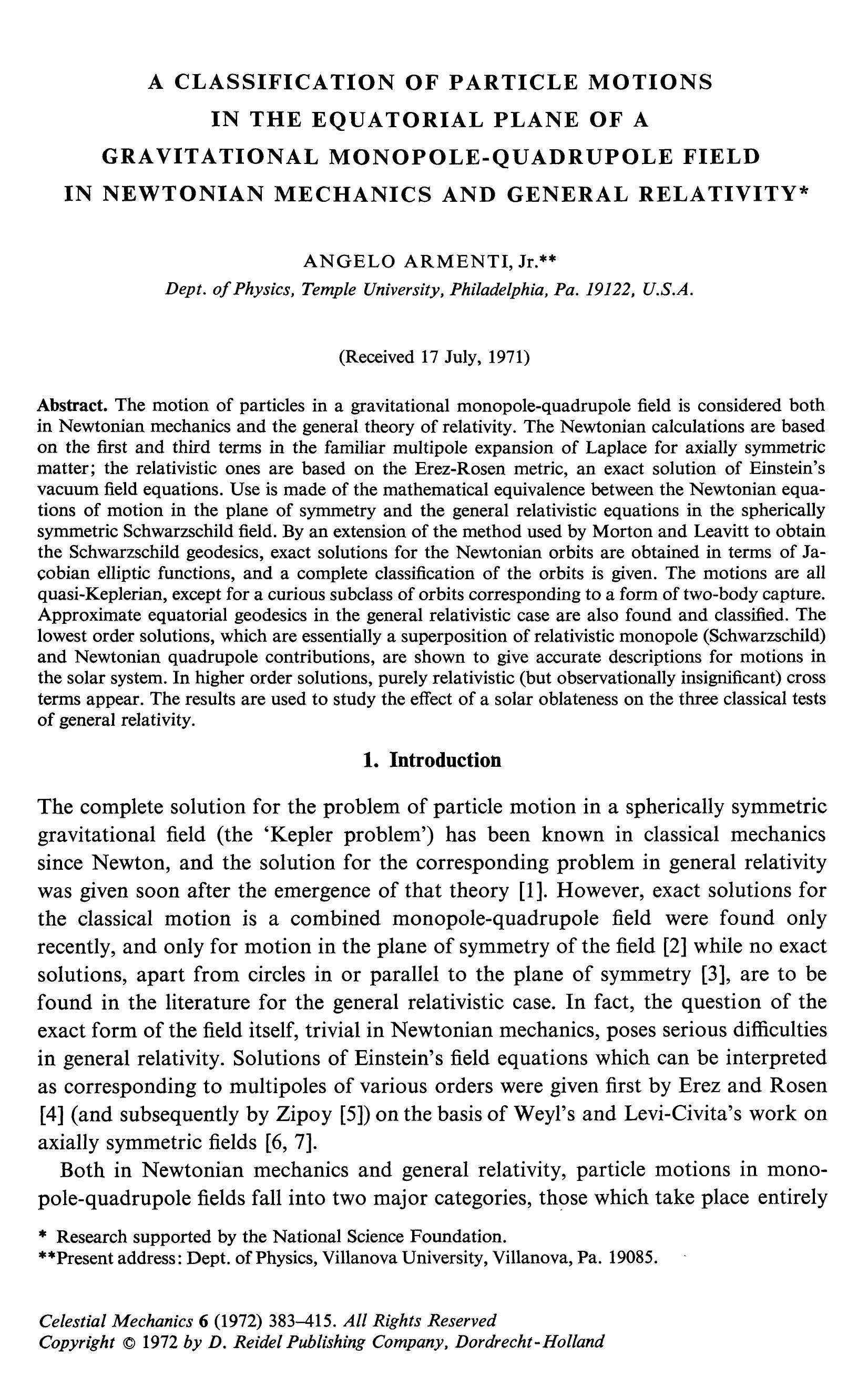 A classification of particle motions in the equatorial plane of a gravitational monopole-quadrupole field in Newtonian mechanics and general relativity by Unknown