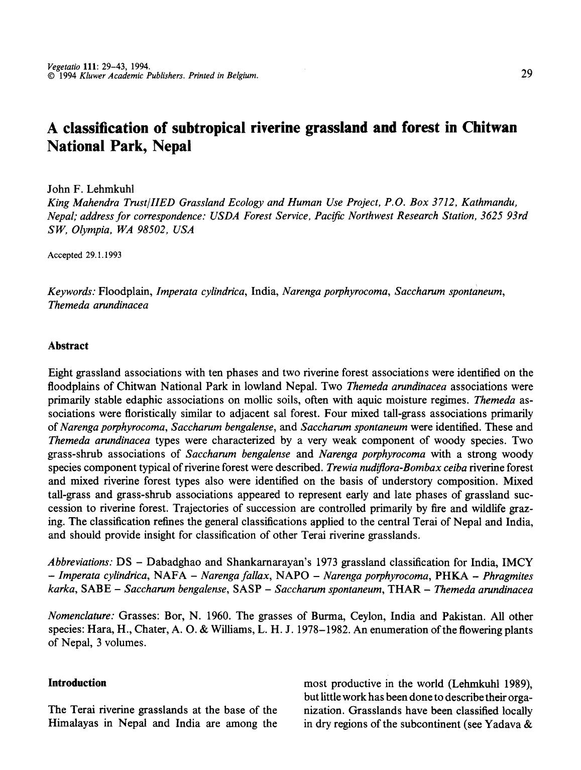 A classification of subtropical riverine grassland and forest in Chitwan National Park, Nepal by Unknown