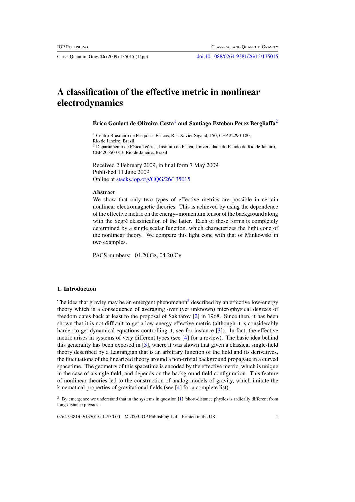 A classification of the effective metric in nonlinear electrodynamics by E G de Oliveira Costa and S E Perez Bergliaffa