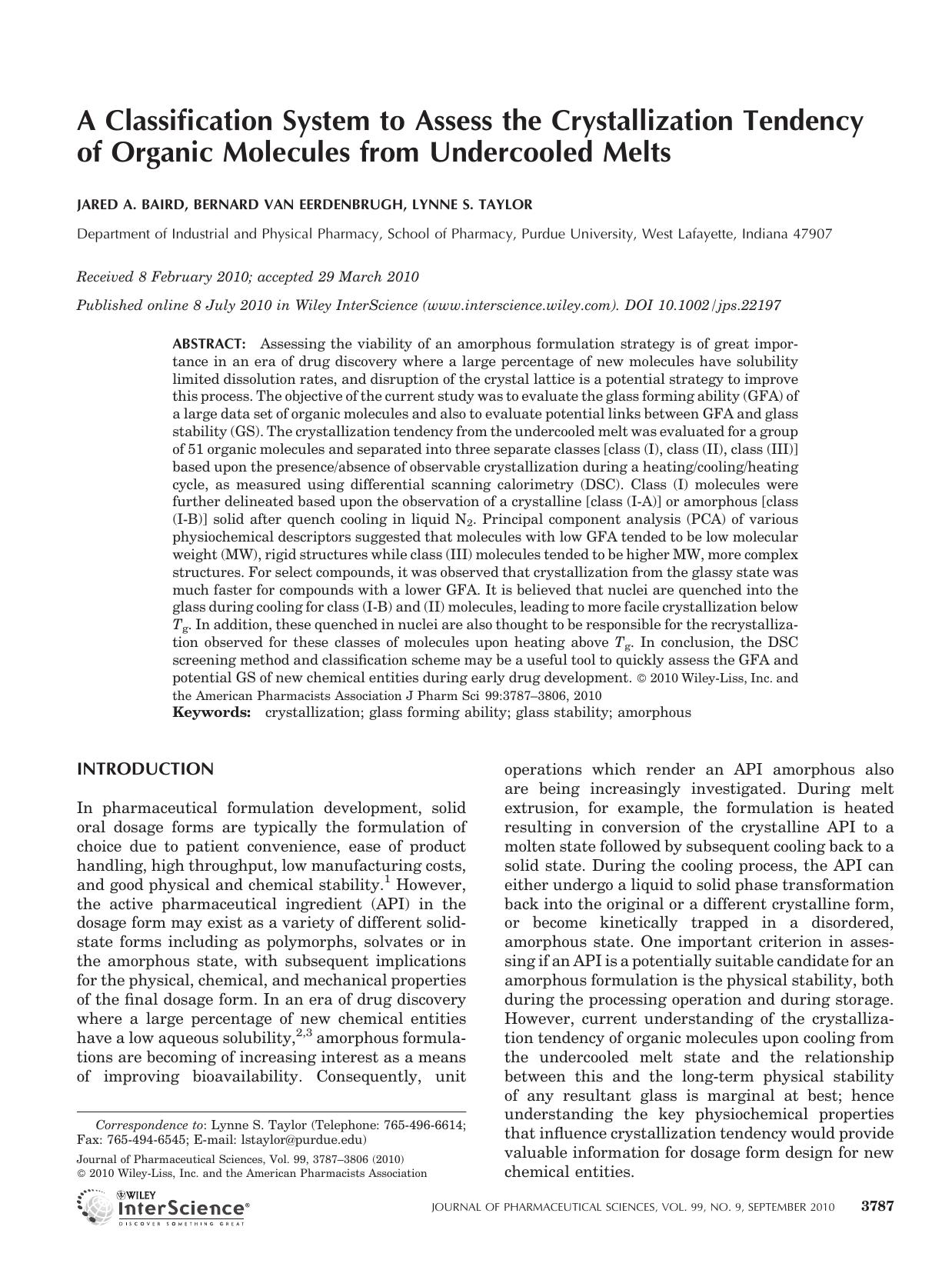 A classification system to assess the crystallization tendency of organic molecules from undercooled melts by Unknown