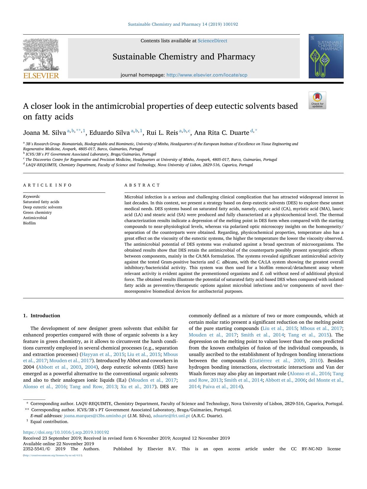 A closer look in the antimicrobial properties of deep eutectic solvents based on fatty acids by Joana M. Silva & Eduardo Silva & Rui L. Reis & Ana Rita C. Duarte