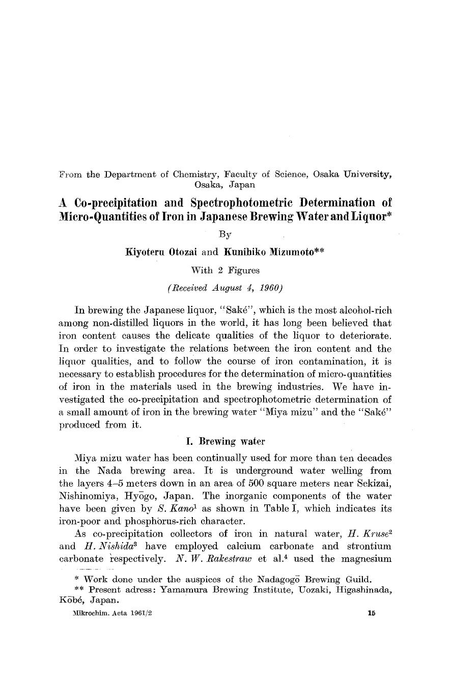 A co-precipitation and spectrophotometric determination of micro-quantities of iron in Japanese brewing water and liquor by Unknown