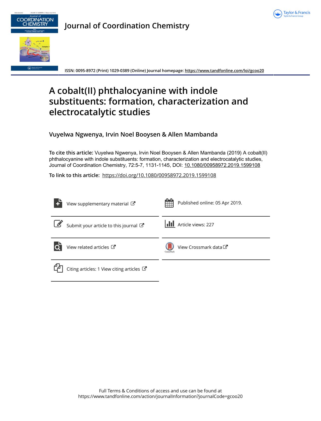 A cobalt(II) phthalocyanine with indole substituents: formation, characterization and electrocatalytic studies by Ngwenya Vuyelwa & Booysen Irvin Noel & Mambanda Allen