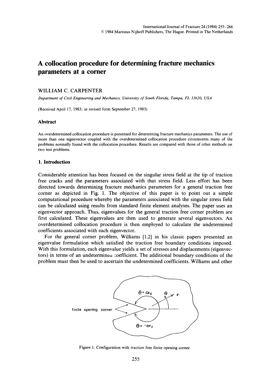 A collocation procedure for determining fracture mechanics parameters at a corner by Unknown