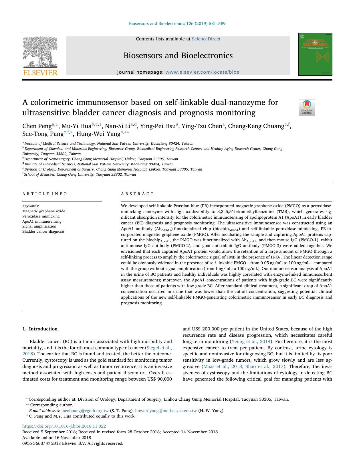 A colorimetric immunosensor based on self-linkable dual-nanozyme for ultrasensitive bladder cancer diagnosis and prognosis monitoring by unknow