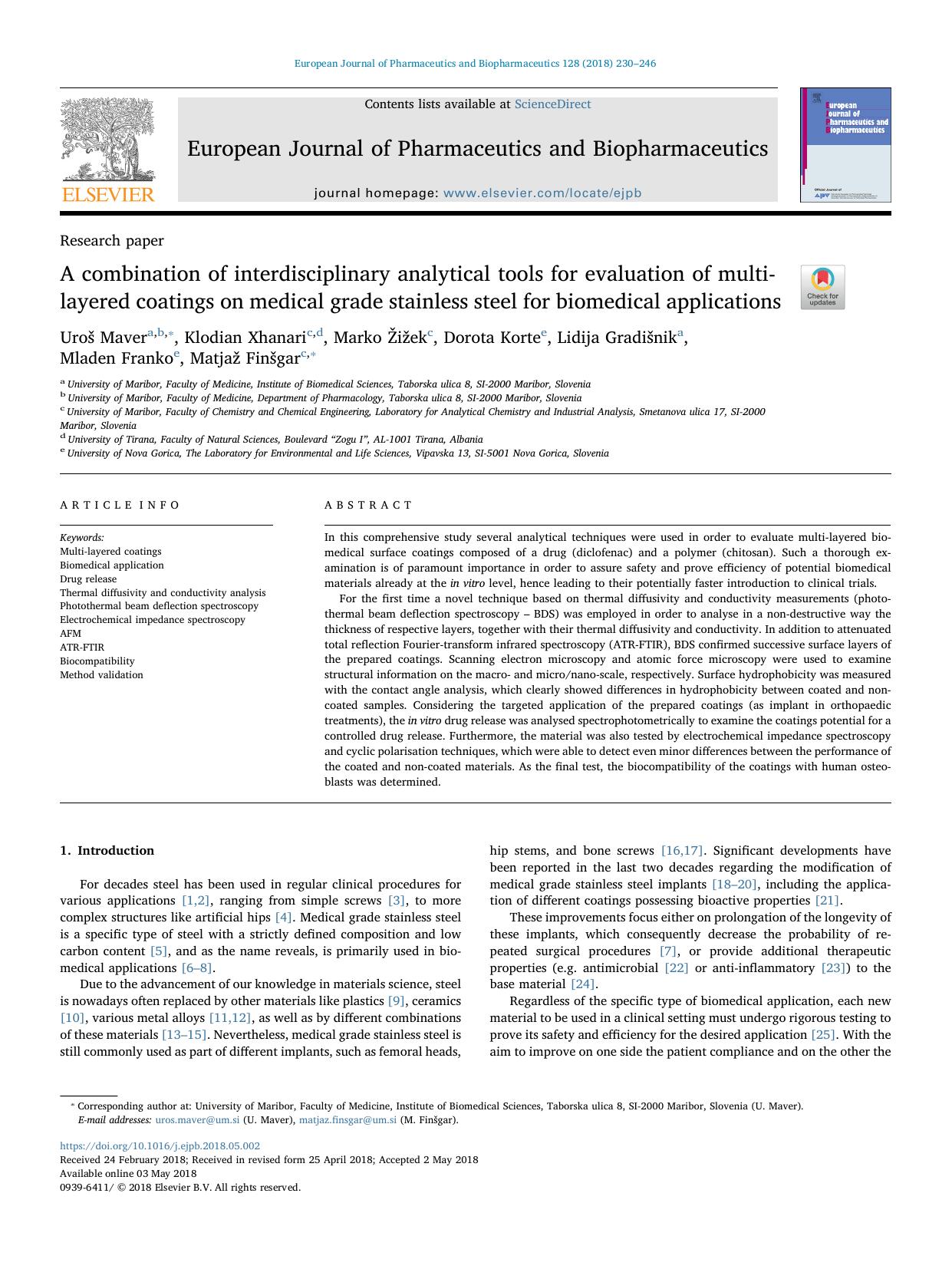 A combination of interdisciplinary analytical tools for evaluation of multi-layered coatings on medical grade stainless steel for biomedical applications by unknow