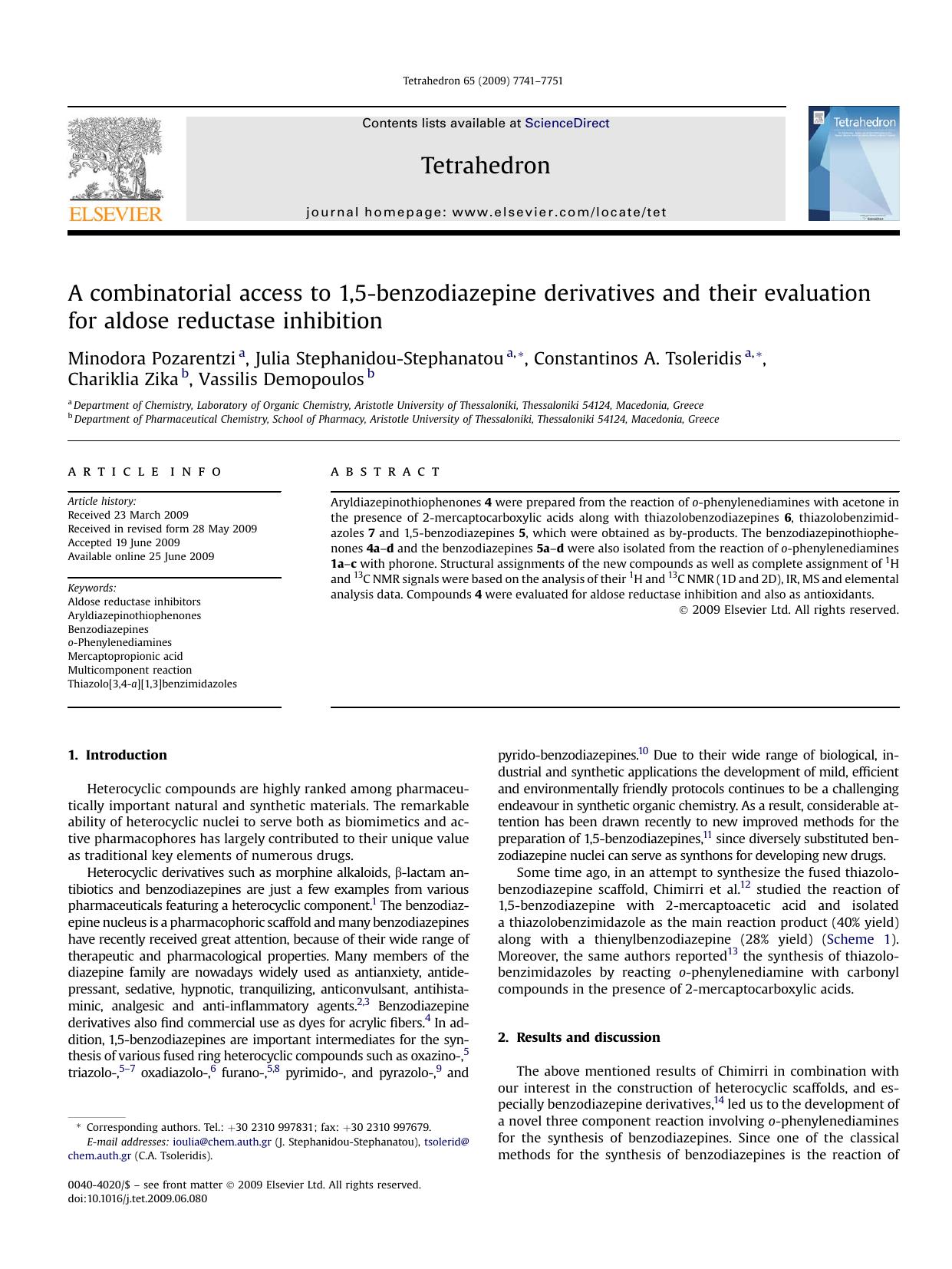 A combinatorial access to 1,5-benzodiazepine derivatives and their evaluation for aldose reductase inhibition by unknow