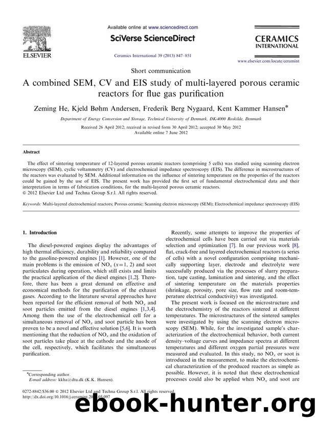 A combined SEM, CV and EIS study of multi-layered porous ceramic reactors for flue gas purification by Zeming He & Kjeld Bøhm Andersen & Frederik Berg Nygaard & Kent Kammer Hansen