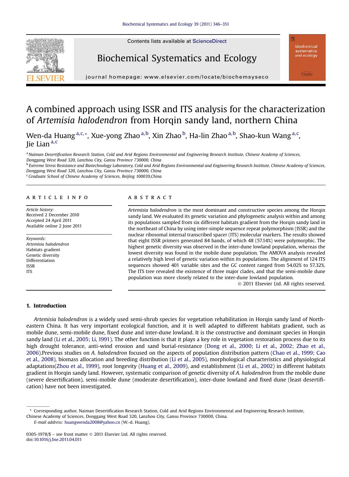 A combined approach using ISSR and ITS analysis for the characterization of Artemisia halodendron from Horqin sandy land, northern China by Wen-da Huang & Xue-yong Zhao & Xin Zhao & Ha-lin Zhao & Shao-kun Wang & Jie Lian