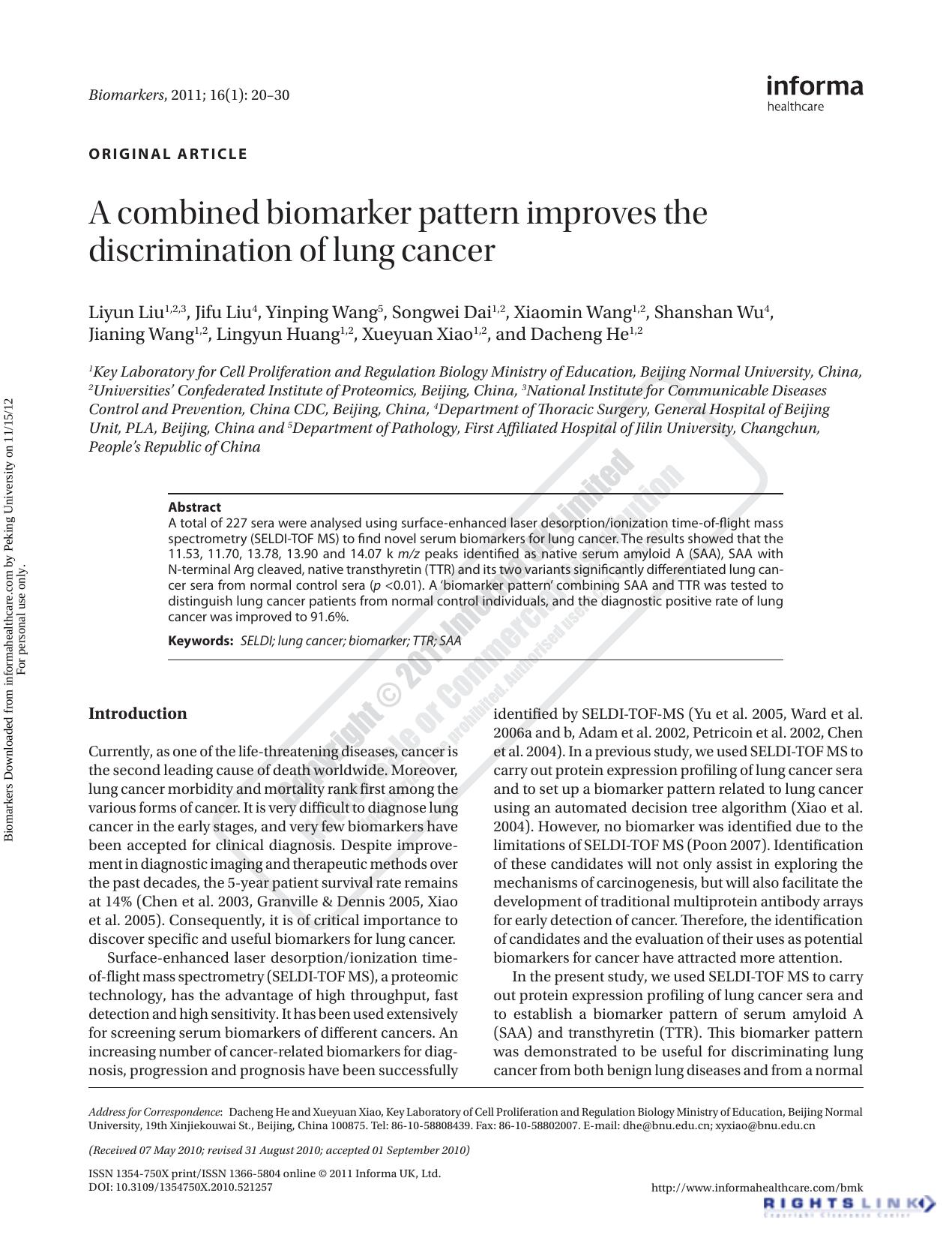 A combined biomarker pattern improves the discrimination of lung cancer by unknow