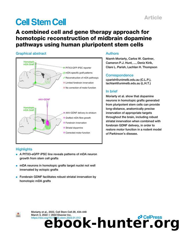 A combined cell and gene therapy approach for homotopic reconstruction of midbrain dopamine pathways using human pluripotent stem cells by unknow