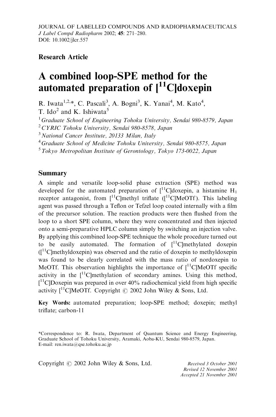 A combined loop-SPE method for the automated preparation of [11C]doxepin by Unknown