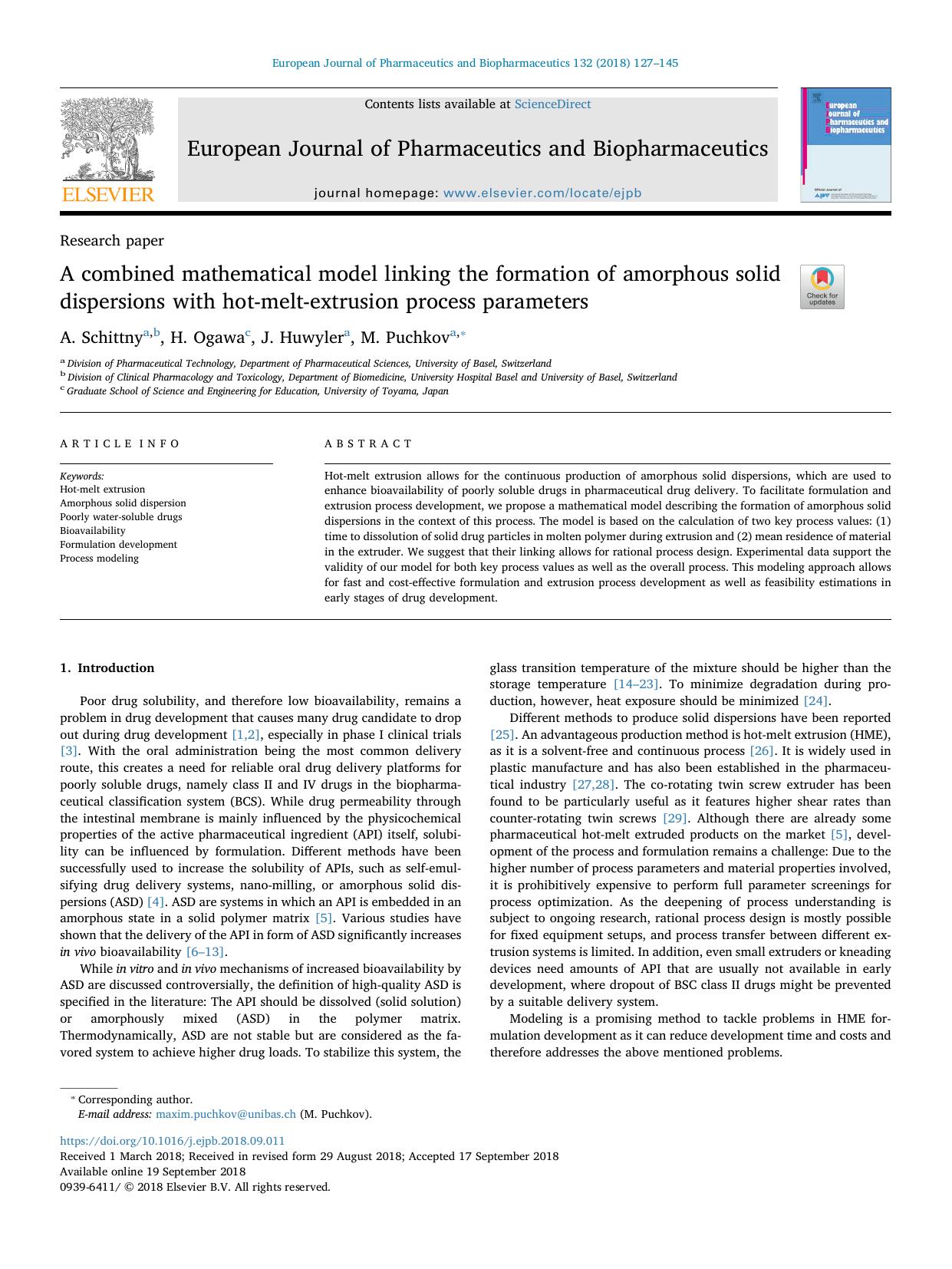 A combined mathematical model linking the formation of amorphous solid dispersions with hot-melt-extrusion process parameters by A. Schittny & H. Ogawa & J. Huwyler & M. Puchkov