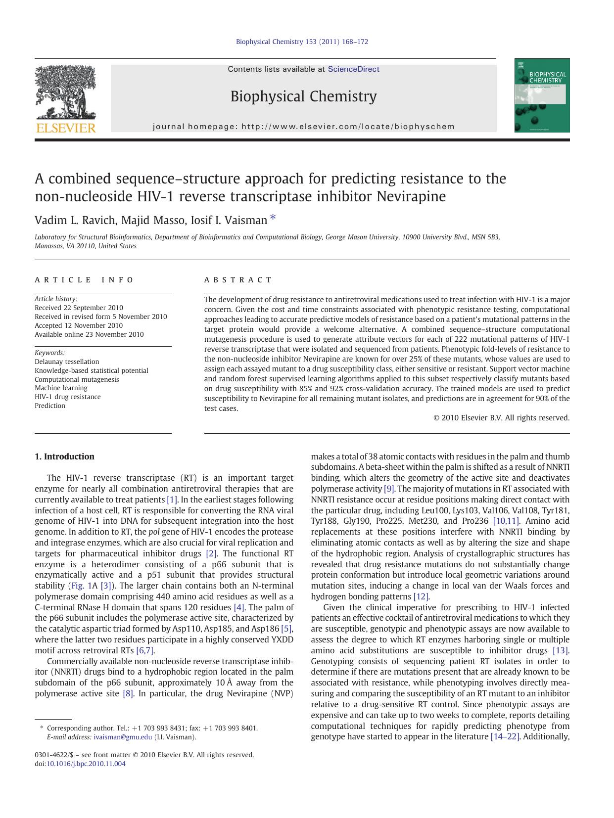 A combined sequenceâstructure approach for predicting resistance to the non-nucleoside HIV-1 reverse transcriptase inhibitor Nevirapine by Vadim L. Ravich & Majid Masso & Iosif I. Vaisman