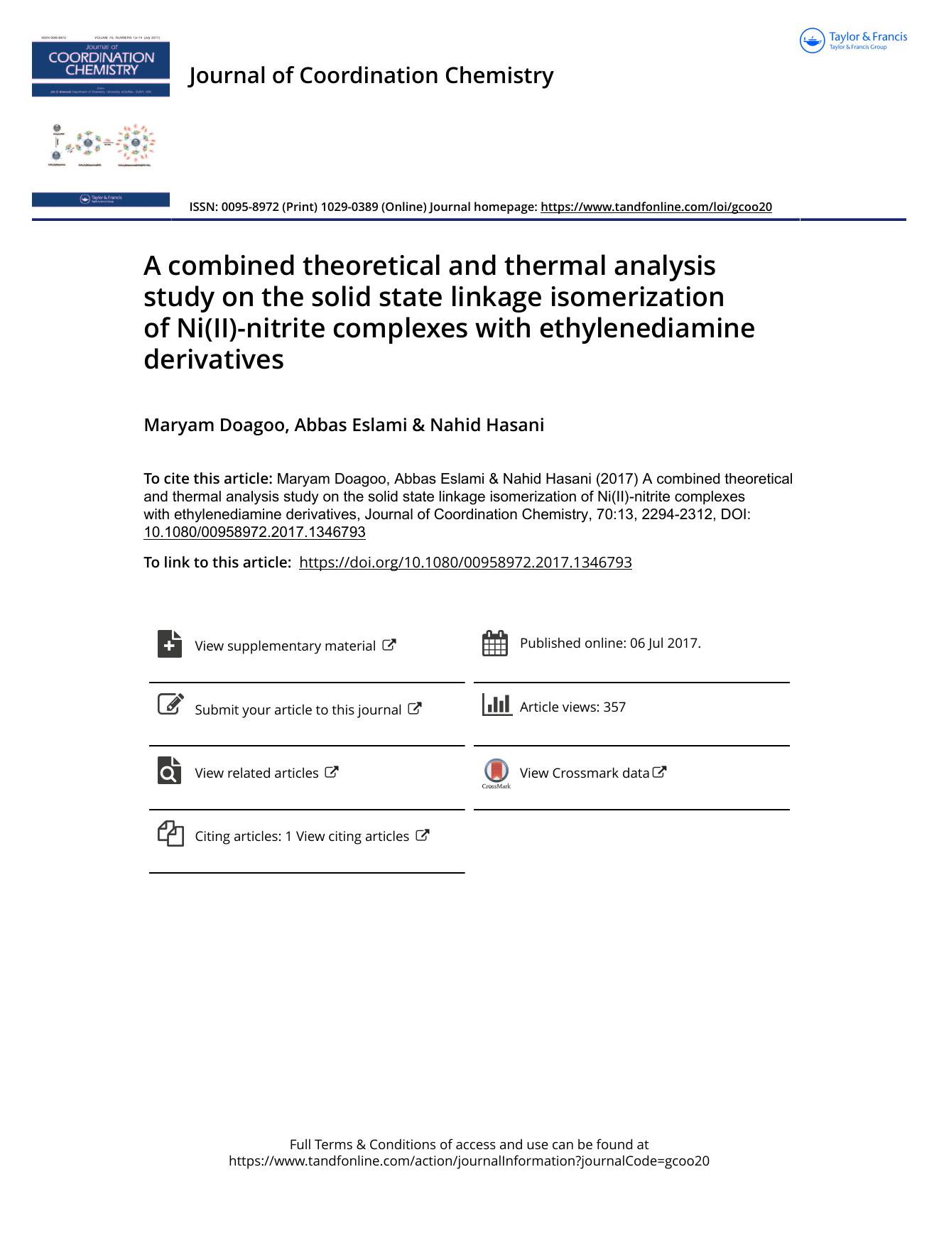 A combined theoretical and thermal analysis study on the solid state linkage isomerization of Ni(II)-nitrite complexes with ethylenediamine derivatives by Maryam Doagoo & Abbas Eslami & Nahid Hasani