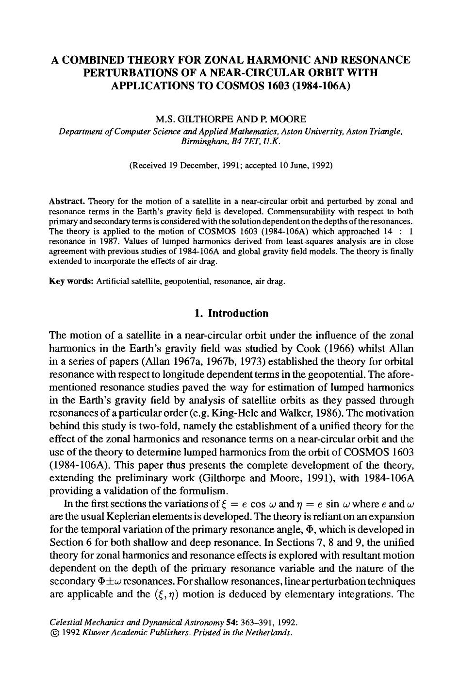 A combined theory for zonal harmonic and resonance perturbations of a near-circular orbit with applications to COSMOS 1603 (1984-106A) by Unknown