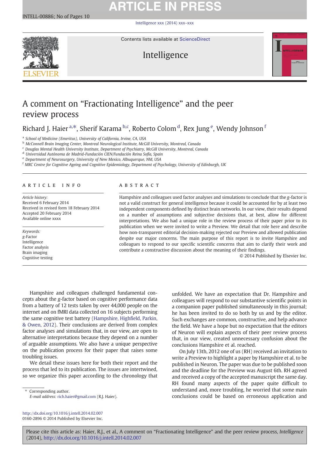 A comment on âFractionating Intelligenceâ and the peer review process by Richard J. Haier & Sherif Karama & Roberto Colom & Rex Jung & Wendy Johnson