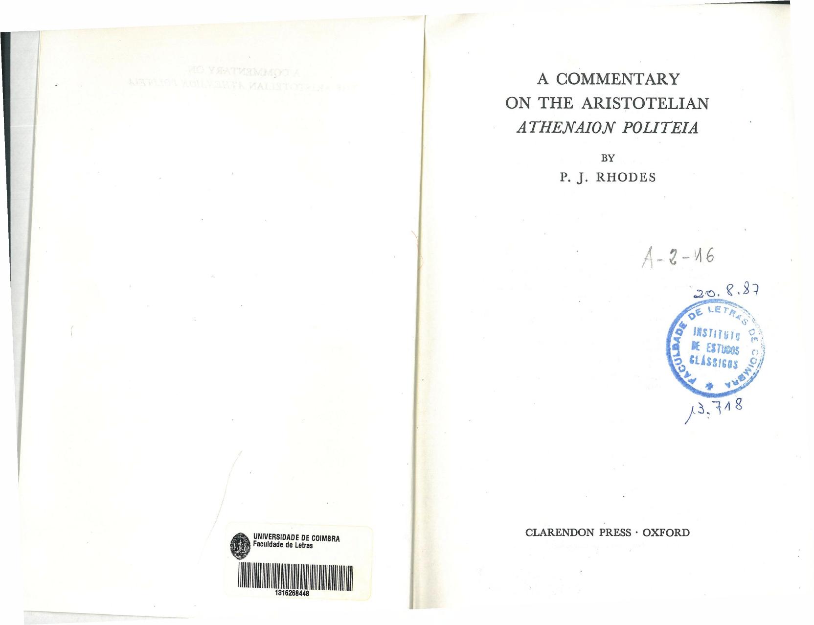 A commentary on the Aristotelian Athenaion politeia by Rhodes Peter John; Aristotle