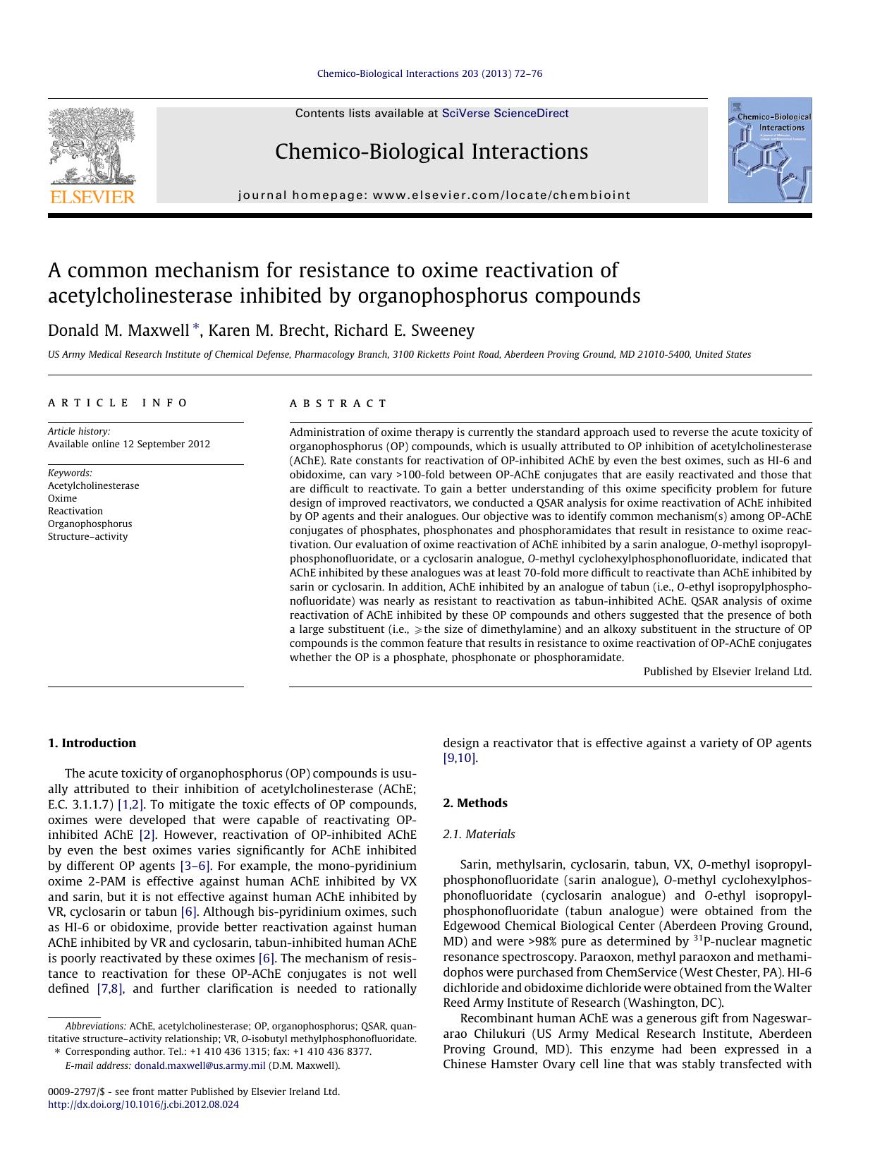 A common mechanism for resistance to oxime reactivation of acetylcholinesterase inhibited by organophosphorus compounds by Donald M. Maxwell & Karen M. Brecht & Richard E. Sweeney