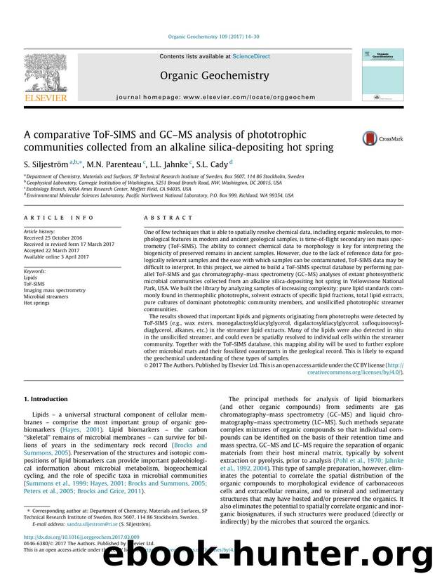 A comparative ToF-SIMS and GCâMS analysis of phototrophic communities collected from an alkaline silica-depositing hot spring by S. Siljeström