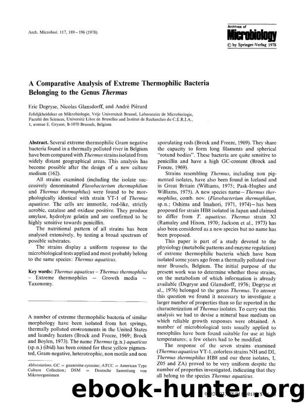 A comparative analysis of extreme thermophilic bacteria belonging to the genus <Emphasis Type="Italic">Thermus<Emphasis> by Unknown