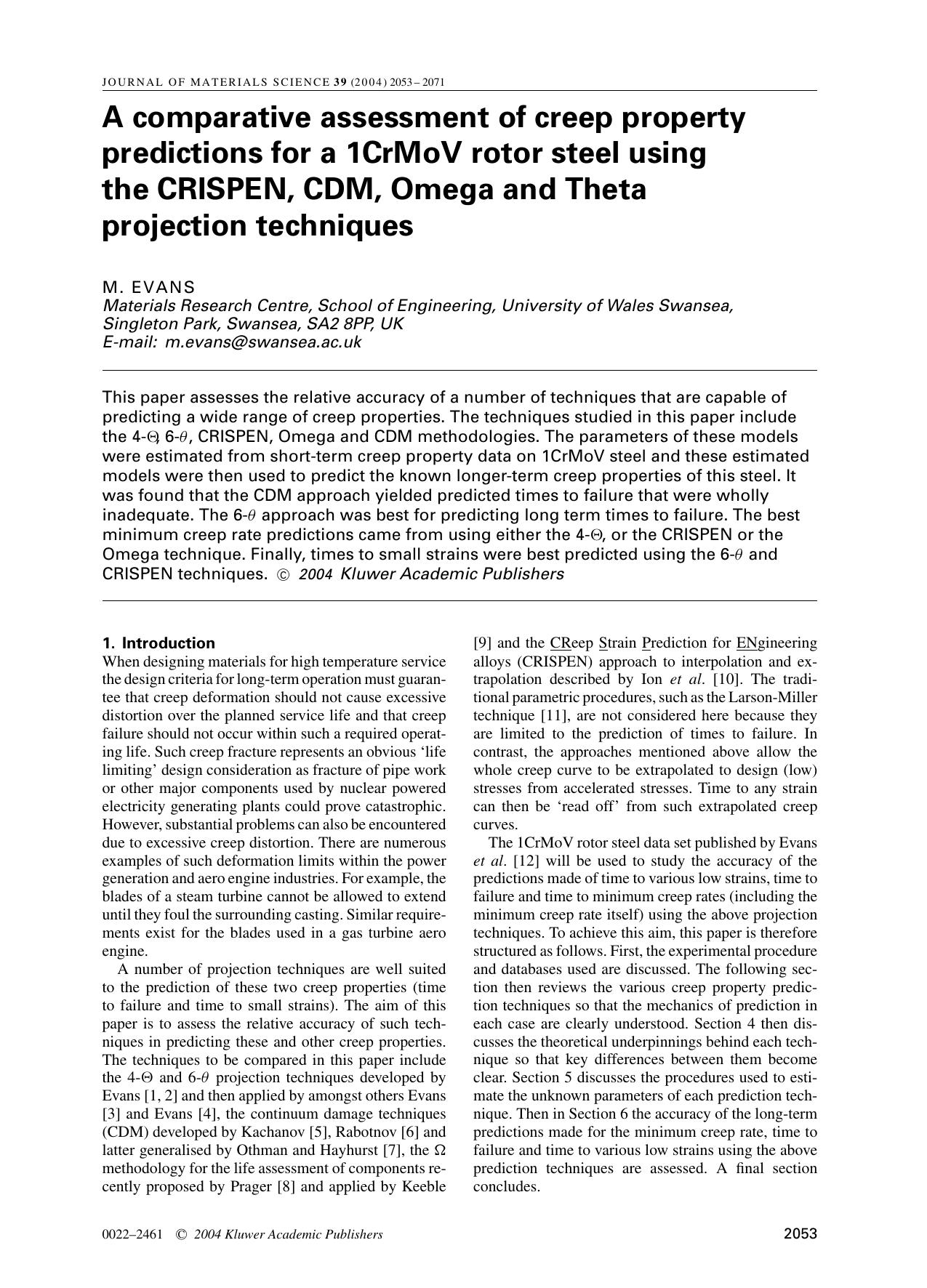 A comparative assessment of creep property predictions for a 1CrMoV rotor steel using the CRISPEN, CDM, Omega and Theta projection techniques by Unknown