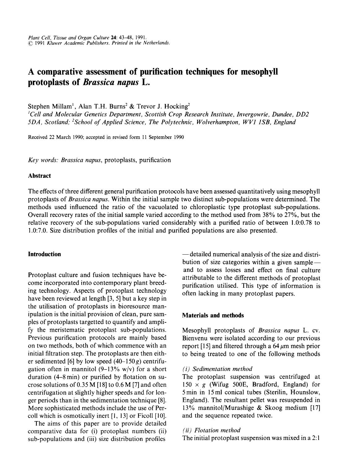 A comparative assessment of purification techniques for mesophyll protoplasts of <Emphasis Type="Italic">Brassica napus <Emphasis> L. by Unknown