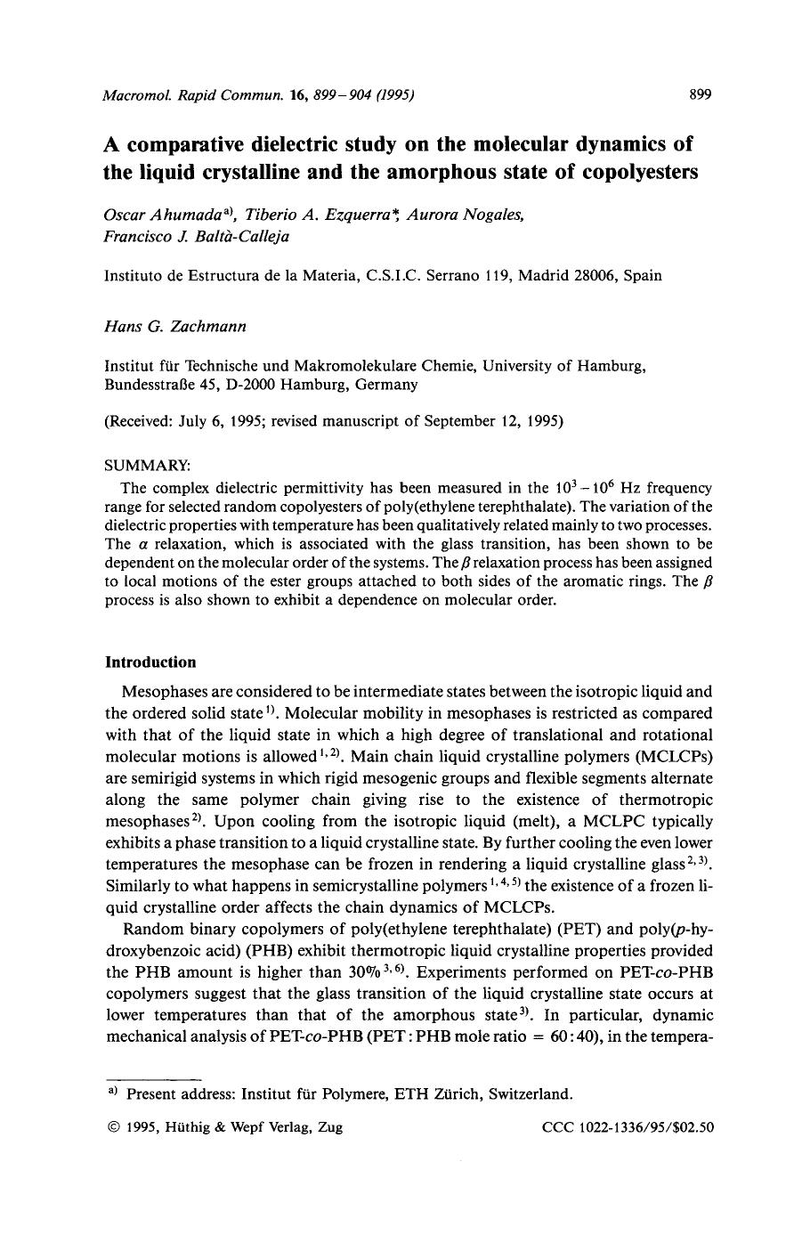 A comparative dielectric study on the molecular dynamics of the liquid crystalline and the amorphous state of copolyesters by Unknown