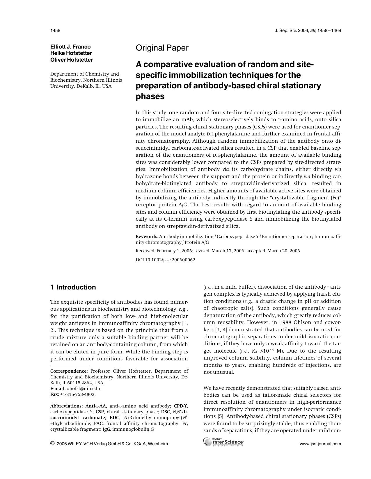 A comparative evaluation of random and site-specific immobilization techniques for the preparation of antibody-based chiral stationary phases by Unknown