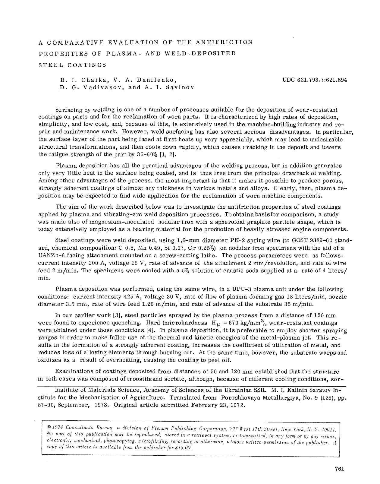 A comparative evaluation of the antifriction properties of plasma- and weld-deposited steel coatings by Unknown